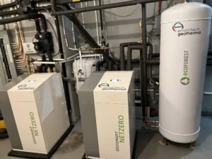 GeoSmart NetZero heat pumps and hot-water tank in a Rocky View County geothermal installation